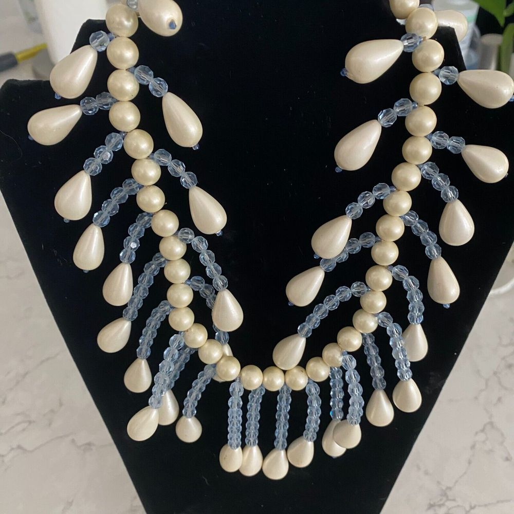 Vintage Pearl Look Blue Glass Beads Boho Designer Women's Necklace
